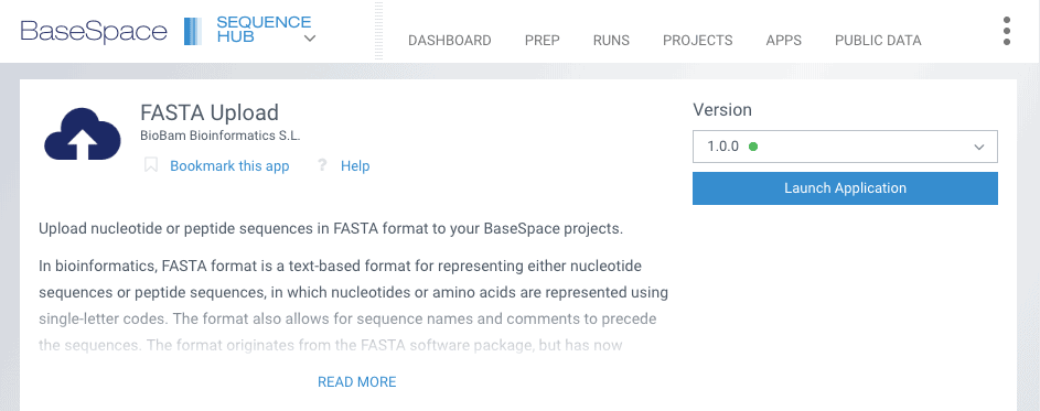 ScreenShot Fasta Uploader BaseSpace Illumina App