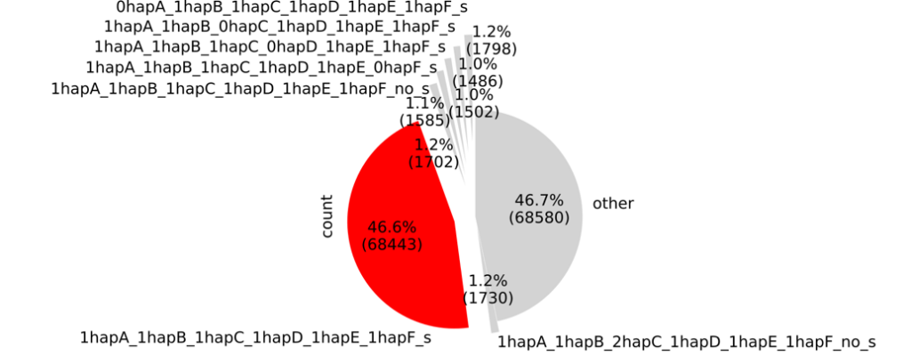 Figure 6. Pie chart showing grouping of syntelogous genes in the sweetpotato assembly. For example, "1hapA" indicates a gene present in a single copy on haplotype A.